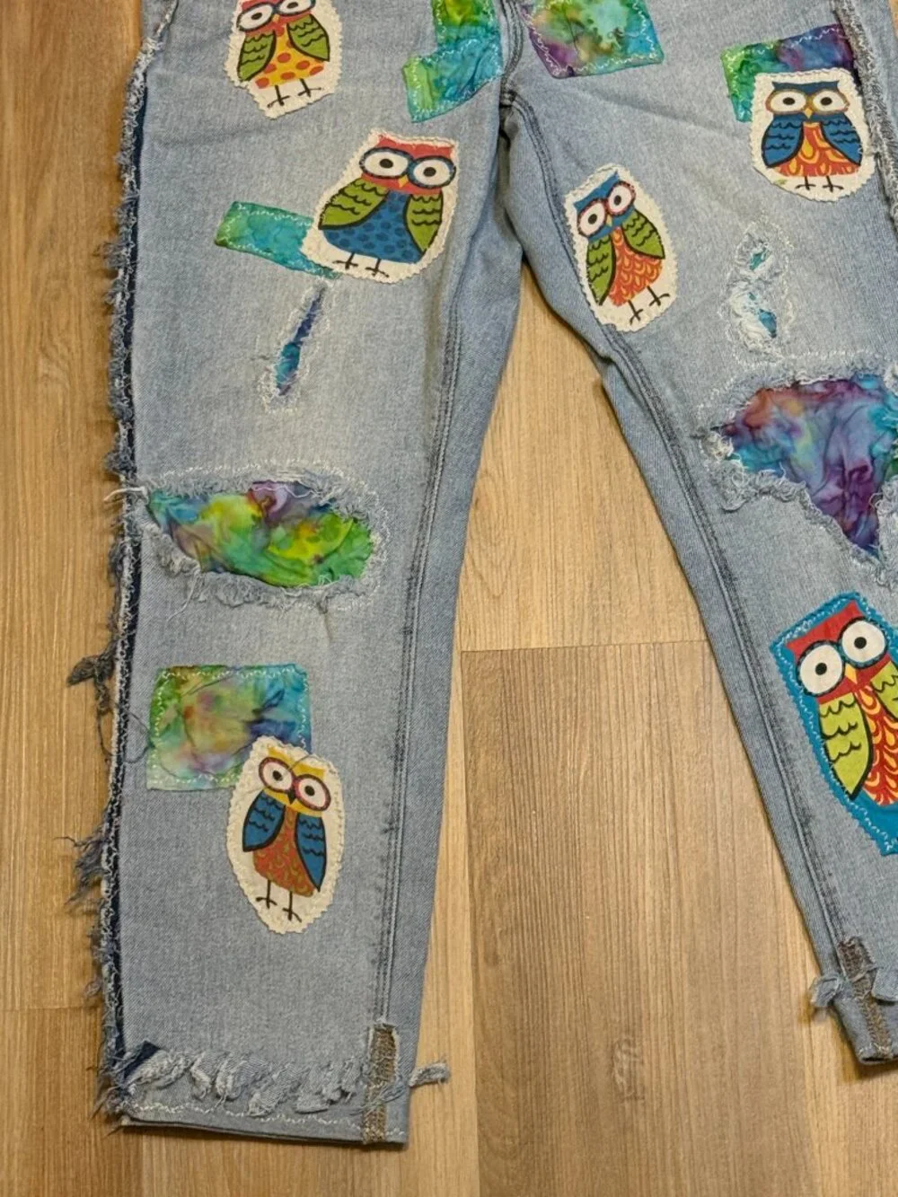 Upcycled Owl Patchwork Jeans | Wide Leg Denim, Visible Mending Art, Cropped Hem
